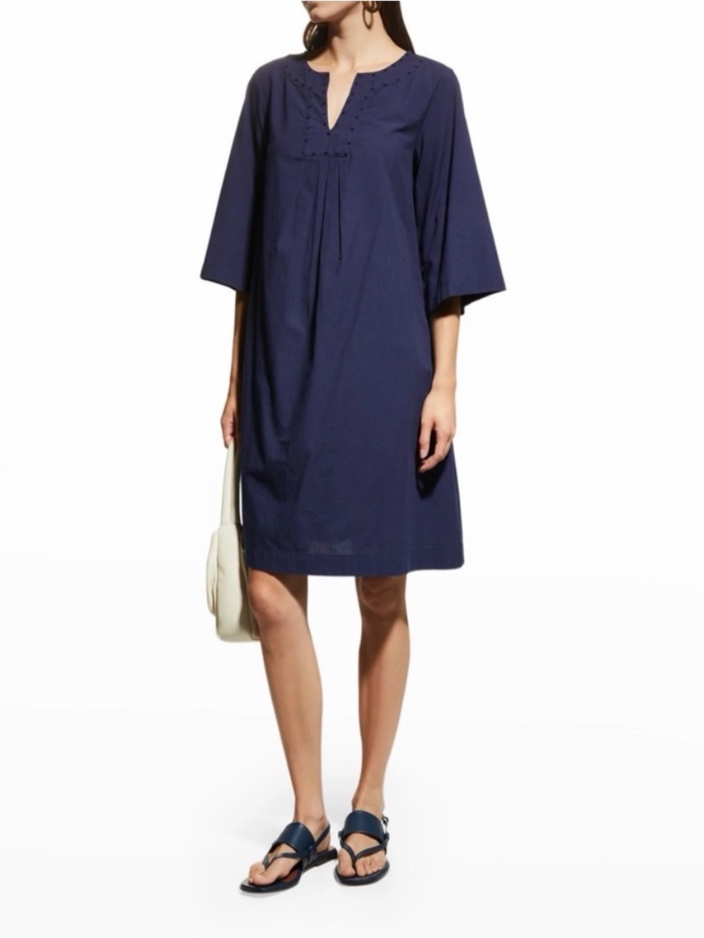 Frances Valentine Easy Dress Cotton Split Neck Tunic Caftan Shift Navy 1X - Picture 5 of 11